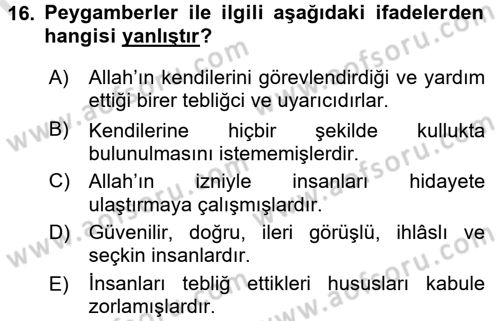 İslam İnanç Esasları Dersi 2016 - 2017 Yılı (Vize) Ara Sınavı 16. Soru