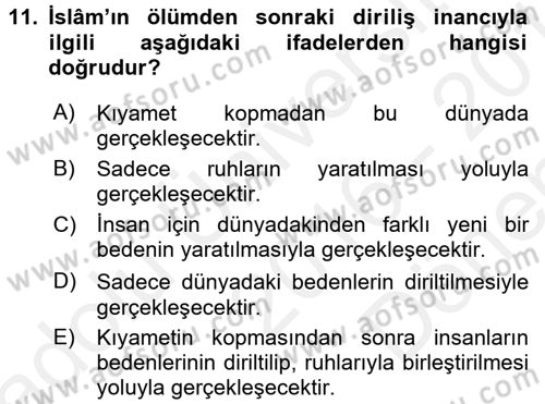 İslam İnanç Esasları Dersi 2016 - 2017 Yılı (Final) Dönem Sonu Sınav Soruları 11. Soru
