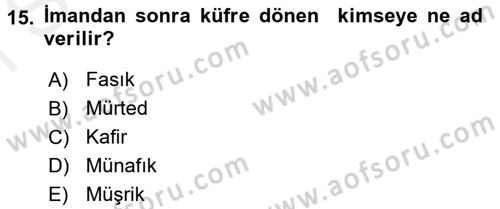 İslam İnanç Esasları Dersi 2016 - 2017 Yılı (Final) Dönem Sonu Sınav Soruları 15. Soru