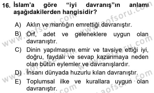 İslam İnanç Esasları Dersi 2016 - 2017 Yılı (Final) Dönem Sonu Sınav Soruları 16. Soru