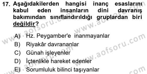 İslam İnanç Esasları Dersi 2016 - 2017 Yılı (Final) Dönem Sonu Sınav Soruları 17. Soru