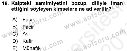İslam İnanç Esasları Dersi 2016 - 2017 Yılı (Final) Dönem Sonu Sınav Soruları 18. Soru