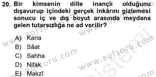 İslam İnanç Esasları Dersi 2016 - 2017 Yılı (Final) Dönem Sonu Sınav Soruları 20. Soru