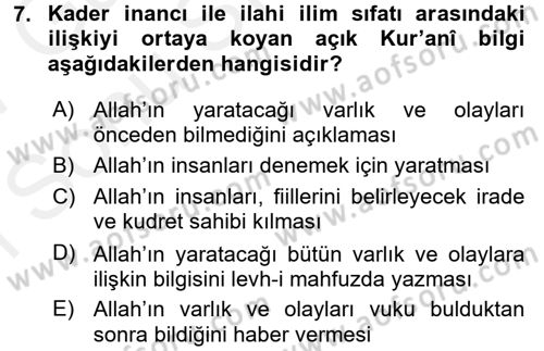 İslam İnanç Esasları Dersi 2016 - 2017 Yılı (Final) Dönem Sonu Sınav Soruları 7. Soru