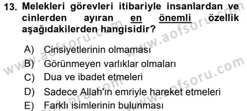 İslam İnanç Esasları Dersi 2017 - 2018 Yılı (Vize) Ara Sınav Soruları 13. Soru