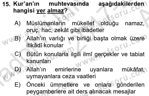 İslam İnanç Esasları Dersi 2017 - 2018 Yılı (Vize) Ara Sınav Soruları 15. Soru