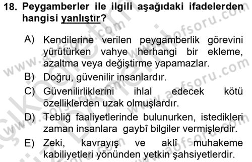 İslam İnanç Esasları Dersi 2017 - 2018 Yılı (Vize) Ara Sınav Soruları 18. Soru