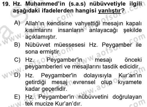 İslam İnanç Esasları Dersi 2017 - 2018 Yılı (Vize) Ara Sınav Soruları 19. Soru