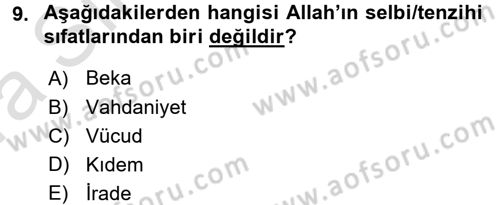 İslam İnanç Esasları Dersi 2017 - 2018 Yılı (Vize) Ara Sınav Soruları 9. Soru