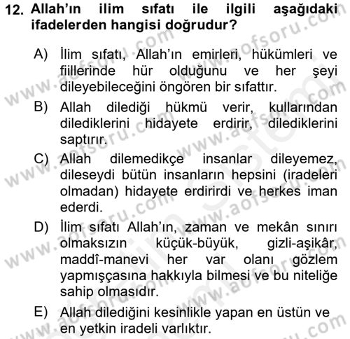 İslam İnanç Esasları Dersi 2017 - 2018 Yılı (Final) Dönem Sonu Sınav Soruları 12. Soru