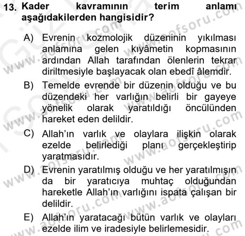 İslam İnanç Esasları Dersi 2017 - 2018 Yılı (Final) Dönem Sonu Sınav Soruları 13. Soru