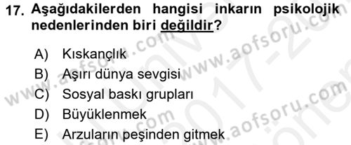 İslam İnanç Esasları Dersi 2017 - 2018 Yılı (Final) Dönem Sonu Sınav Soruları 17. Soru