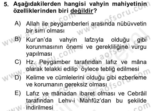 İslam İnanç Esasları Dersi 2017 - 2018 Yılı (Final) Dönem Sonu Sınav Soruları 5. Soru