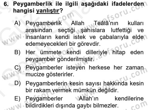 İslam İnanç Esasları Dersi 2017 - 2018 Yılı (Final) Dönem Sonu Sınav Soruları 6. Soru