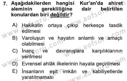 İslam İnanç Esasları Dersi 2017 - 2018 Yılı (Final) Dönem Sonu Sınav Soruları 7. Soru