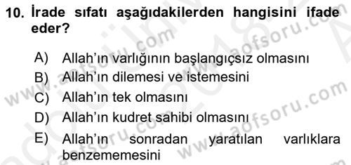 İslam İnanç Esasları Dersi 2018 - 2019 Yılı (Vize) Ara Sınav Soruları 10. Soru