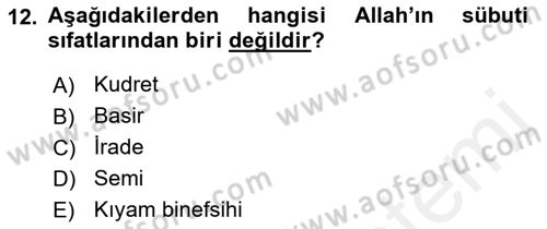 İslam İnanç Esasları Dersi 2018 - 2019 Yılı (Vize) Ara Sınav Soruları 12. Soru
