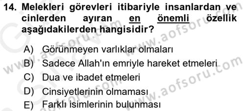 İslam İnanç Esasları Dersi 2018 - 2019 Yılı (Vize) Ara Sınav Soruları 14. Soru