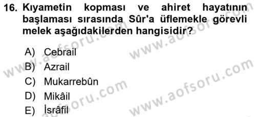 İslam İnanç Esasları Dersi 2018 - 2019 Yılı (Vize) Ara Sınav Soruları 16. Soru