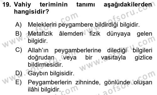 İslam İnanç Esasları Dersi 2018 - 2019 Yılı (Vize) Ara Sınav Soruları 19. Soru