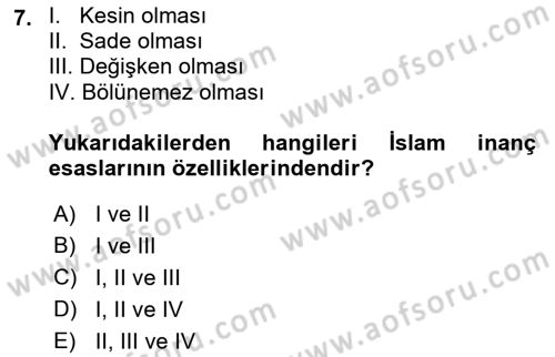 İslam İnanç Esasları Dersi 2018 - 2019 Yılı (Vize) Ara Sınav Soruları 7. Soru