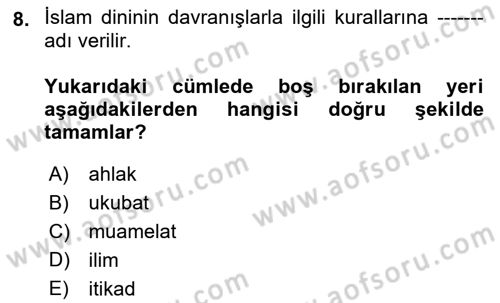 İslam İnanç Esasları Dersi 2018 - 2019 Yılı (Vize) Ara Sınav Soruları 8. Soru