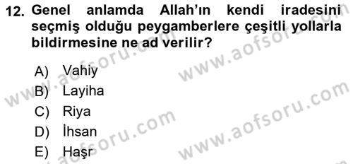 İslam İnanç Esasları Dersi 2018 - 2019 Yılı Yaz Okulu Sınav Soruları 12. Soru