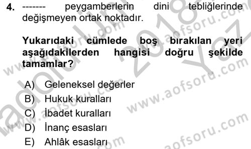 İslam İnanç Esasları Dersi 2018 - 2019 Yılı Yaz Okulu Sınav Soruları 4. Soru