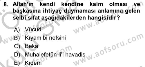 İslam İnanç Esasları Dersi 2018 - 2019 Yılı Yaz Okulu Sınav Soruları 8. Soru