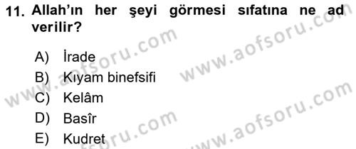 İslam İnanç Esasları Dersi 2019 - 2020 Yılı (Vize) Ara Sınav Soruları 11. Soru