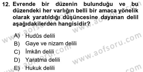 İslam İnanç Esasları Dersi 2019 - 2020 Yılı (Vize) Ara Sınav Soruları 12. Soru