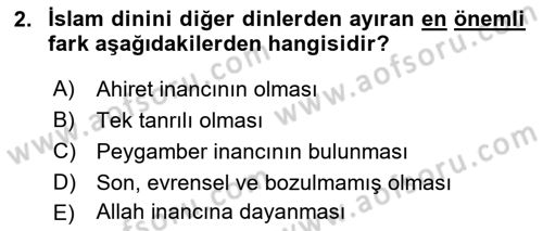 İslam İnanç Esasları Dersi 2019 - 2020 Yılı (Vize) Ara Sınav Soruları 2. Soru