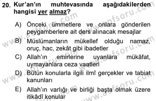İslam İnanç Esasları Dersi 2019 - 2020 Yılı (Vize) Ara Sınav Soruları 20. Soru