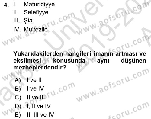 İslam İnanç Esasları Dersi 2019 - 2020 Yılı (Vize) Ara Sınav Soruları 4. Soru