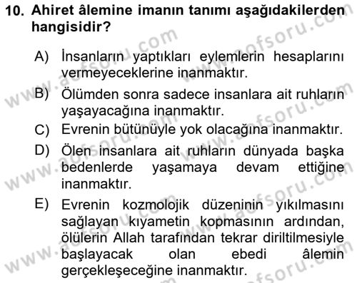 İslam İnanç Esasları Dersi 2019 - 2020 Yılı (Final) Dönem Sonu Sınav Soruları 10. Soru
