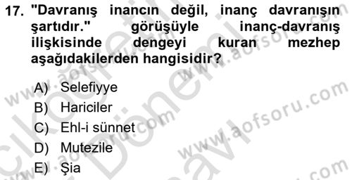 İslam İnanç Esasları Dersi 2019 - 2020 Yılı (Final) Dönem Sonu Sınav Soruları 17. Soru