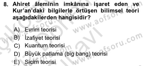İslam İnanç Esasları Dersi 2019 - 2020 Yılı (Final) Dönem Sonu Sınav Soruları 8. Soru