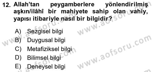 İslam İnanç Esasları Dersi 2020 - 2021 Yılı Yaz Okulu Sınav Soruları 12. Soru