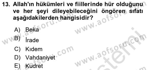 İslam İnanç Esasları Dersi 2020 - 2021 Yılı Yaz Okulu Sınav Soruları 13. Soru