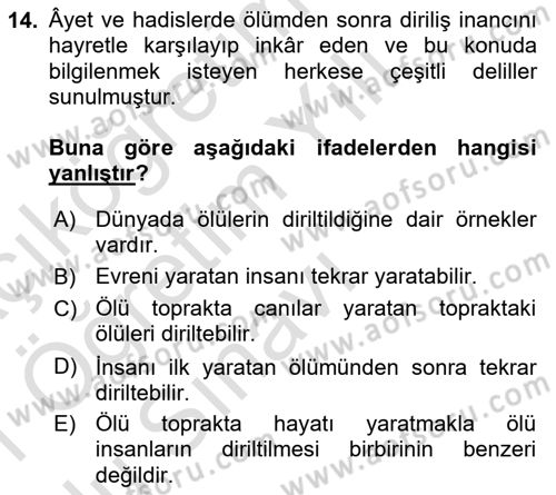 İslam İnanç Esasları Dersi 2020 - 2021 Yılı Yaz Okulu Sınav Soruları 14. Soru