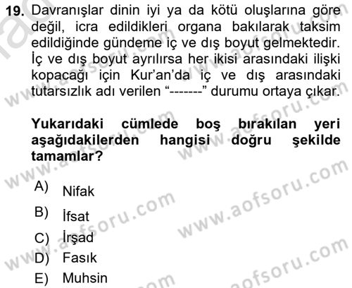İslam İnanç Esasları Dersi 2020 - 2021 Yılı Yaz Okulu Sınav Soruları 19. Soru