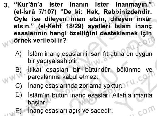 İslam İnanç Esasları Dersi 2020 - 2021 Yılı Yaz Okulu Sınav Soruları 3. Soru