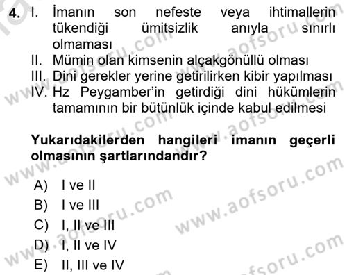 İslam İnanç Esasları Dersi 2020 - 2021 Yılı Yaz Okulu Sınav Soruları 4. Soru