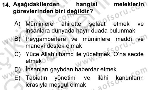 İslam İnanç Esasları Dersi 2021 - 2022 Yılı (Vize) Ara Sınavı 14. Soru