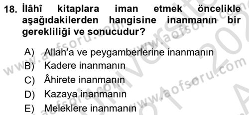 İslam İnanç Esasları Dersi 2021 - 2022 Yılı (Vize) Ara Sınavı 18. Soru