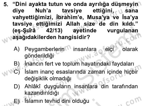 İslam İnanç Esasları Dersi 2021 - 2022 Yılı (Vize) Ara Sınavı 5. Soru