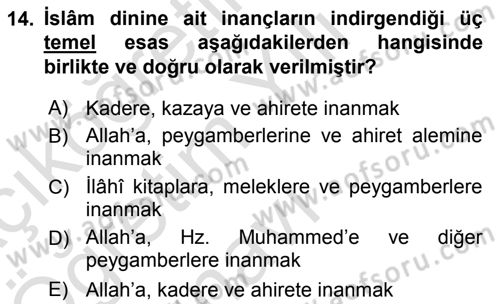 İslam İnanç Esasları Dersi 2021 - 2022 Yılı Yaz Okulu Sınav Soruları 14. Soru