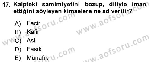 İslam İnanç Esasları Dersi 2021 - 2022 Yılı Yaz Okulu Sınav Soruları 17. Soru