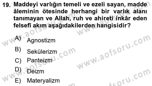 İslam İnanç Esasları Dersi 2021 - 2022 Yılı Yaz Okulu Sınav Soruları 19. Soru