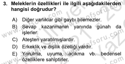 İslam İnanç Esasları Dersi 2021 - 2022 Yılı Yaz Okulu Sınav Soruları 3. Soru